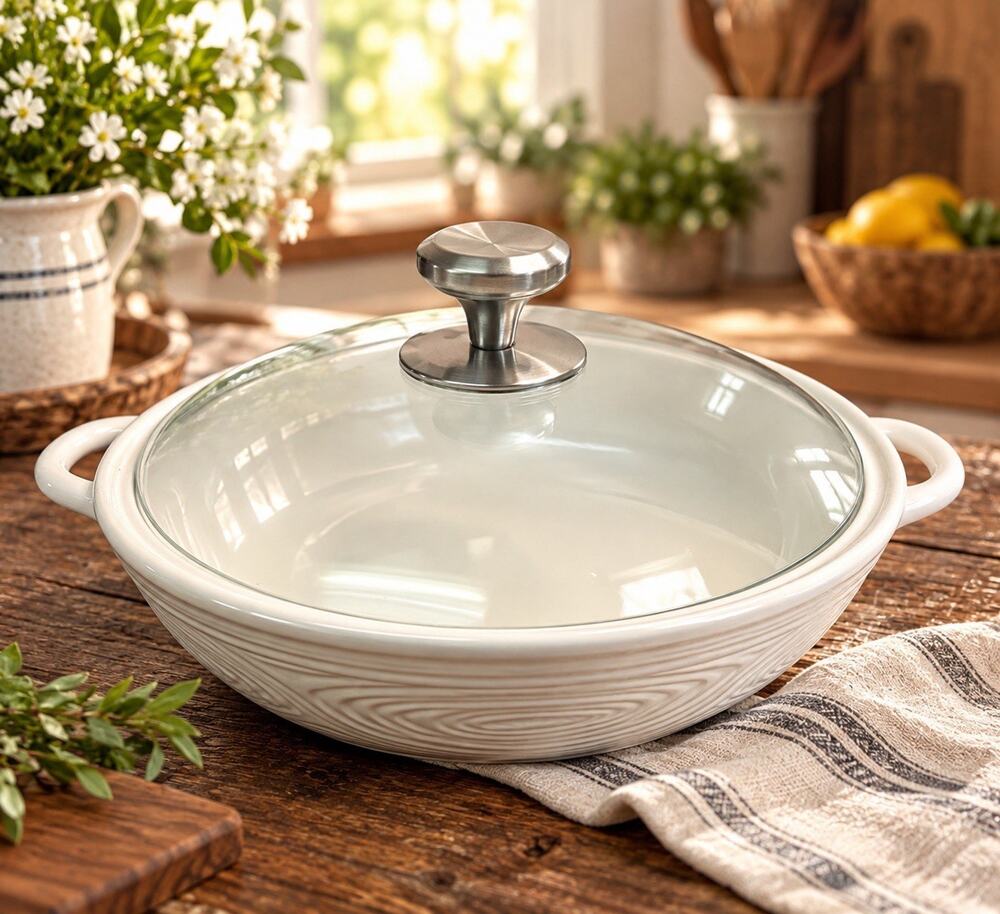 Temp-tations by Tara Woodland White 3 Qt Baker Glass Lid Casserole Handles